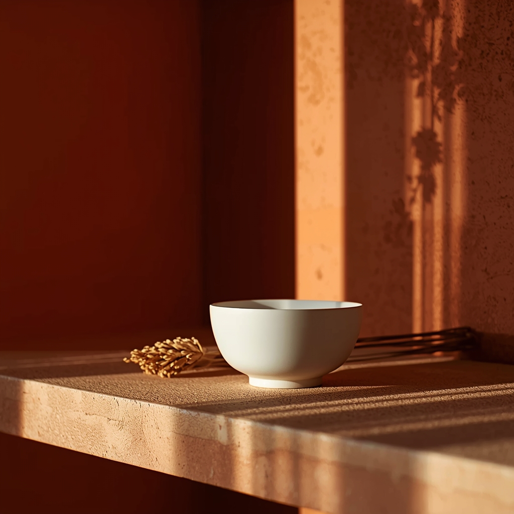 Detail Japandi plank met handgemaakt keramiek en gedroogde botanicals, raking licht op kalkpleister wand