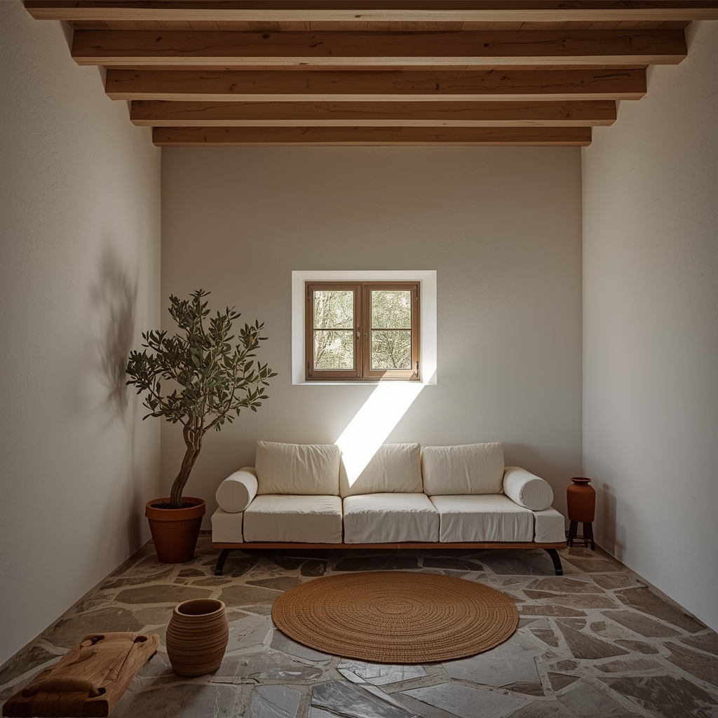 Japandi landhuis La Nucia, witte dikke muren, houten balken, linnen interieur, sereen